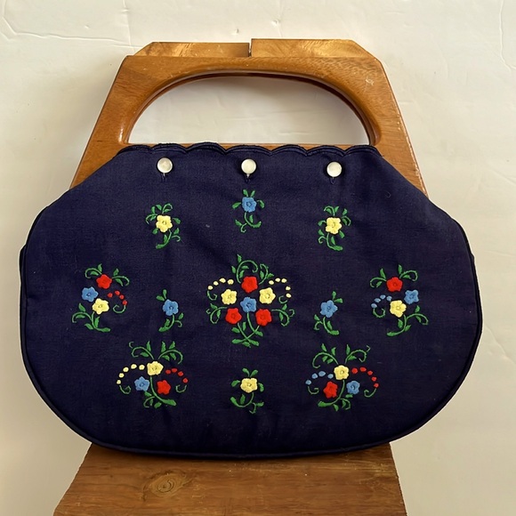 Handbags - Unique Vintage Spring/Summer Clasp Bag/purse. Navy with Flowers/Wooden Handle